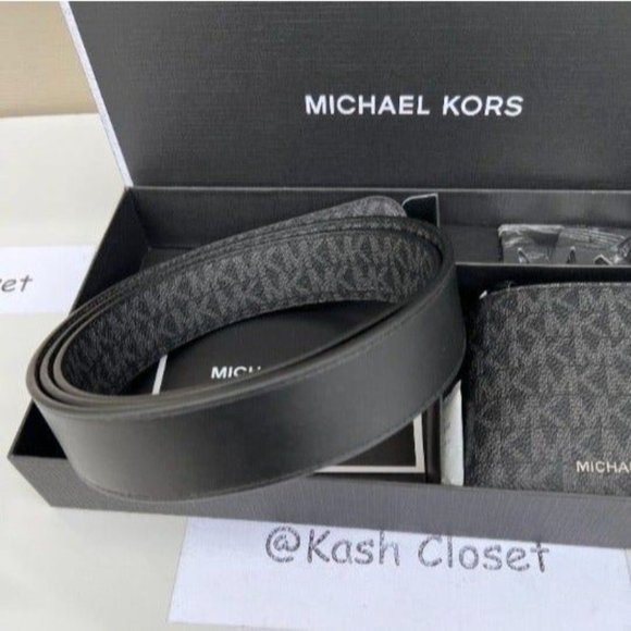 Michael Kors Mens Belt & Wallet Gift Set MK Signature Black - Picture 9 of 10